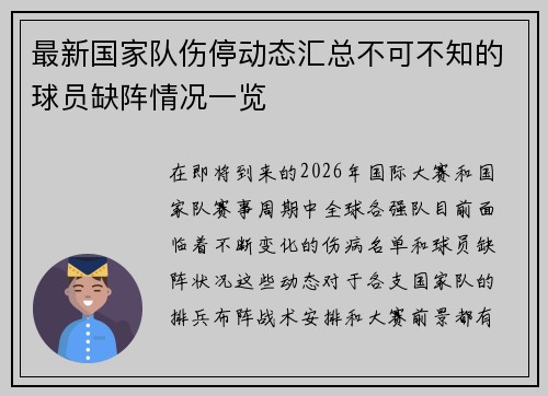 最新国家队伤停动态汇总不可不知的球员缺阵情况一览 最新国家队伤停动态汇总不可不知的球员缺阵情况一览